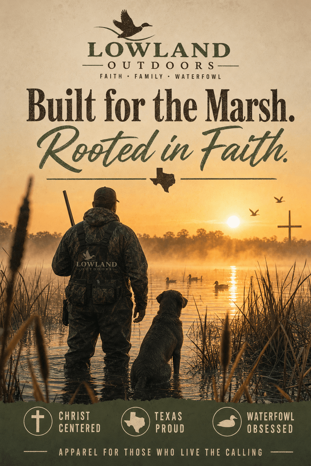 Lowland Outdoors social media post: hunter and dog in misty marsh at sunrise with faith-based duck hunting message