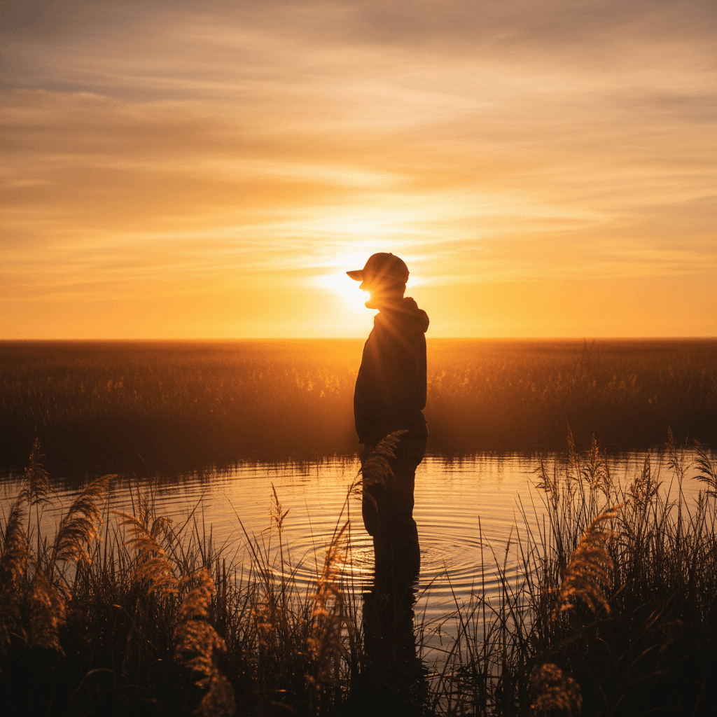 A person wearing a Richardson 268 hat in the marsh at sunrise