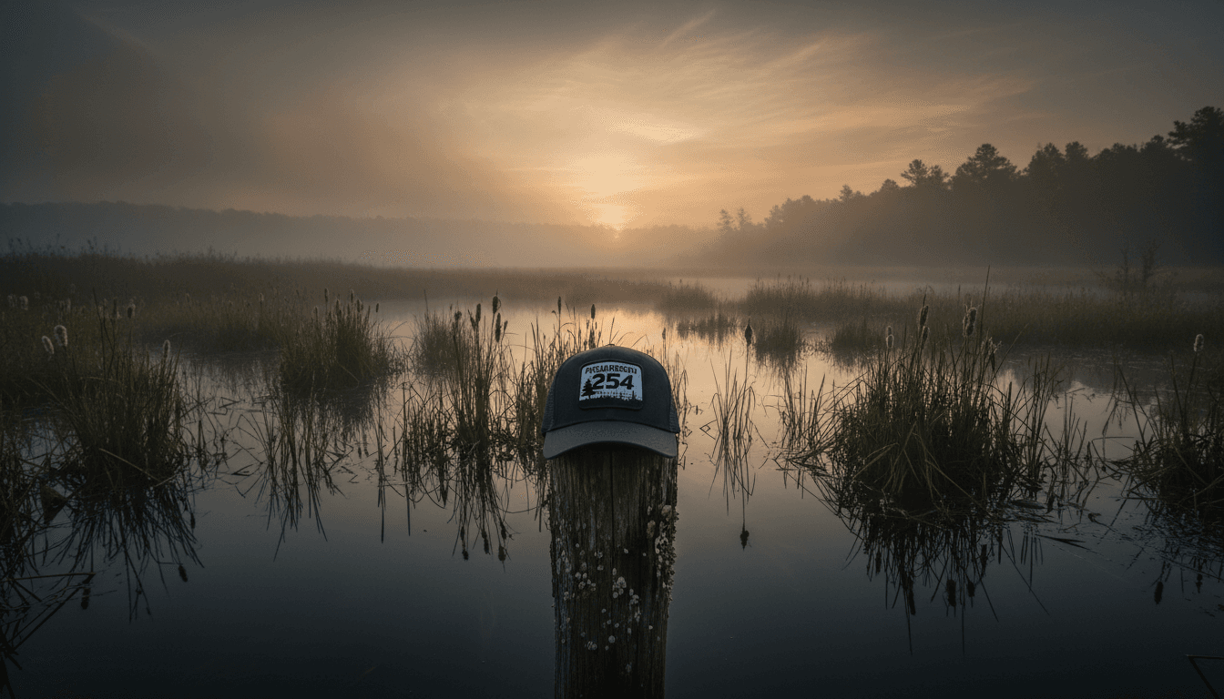 Misty marsh at dawn with a Richardson 254 hat on a wooden post