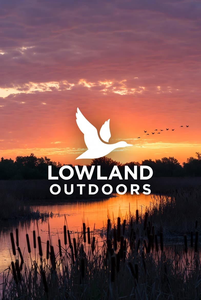 Lowland Outdoors logo featuring a flying duck over a vibrant sunset marsh with cattails.