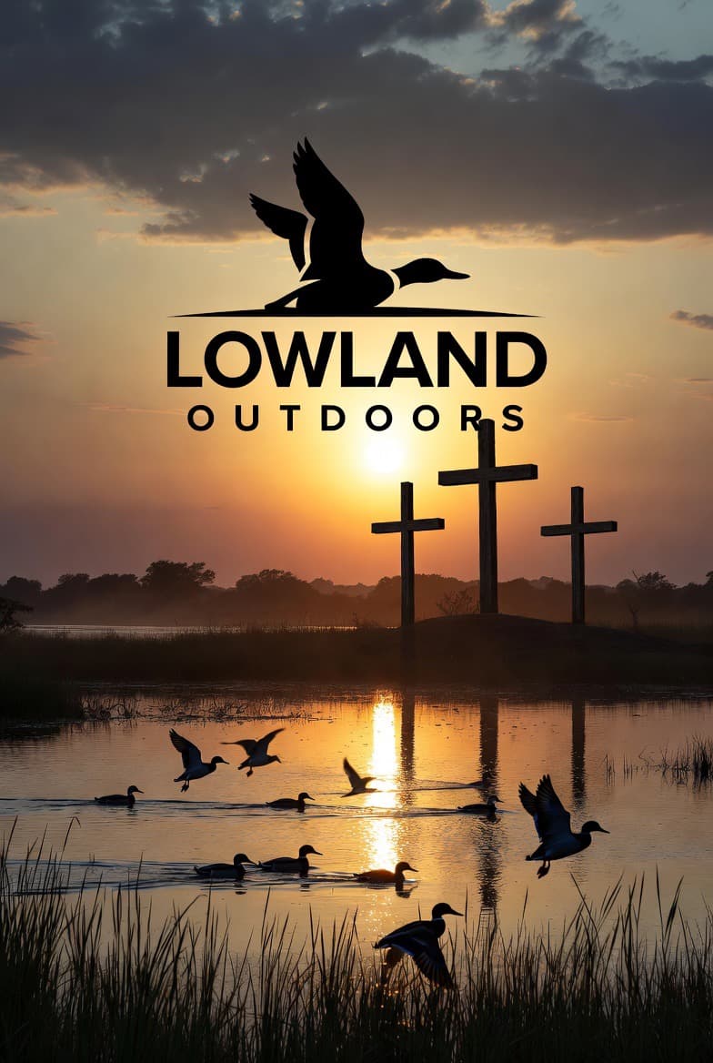 Lowland Outdoors logo over a sunset marsh with three wooden crosses and swimming ducks.